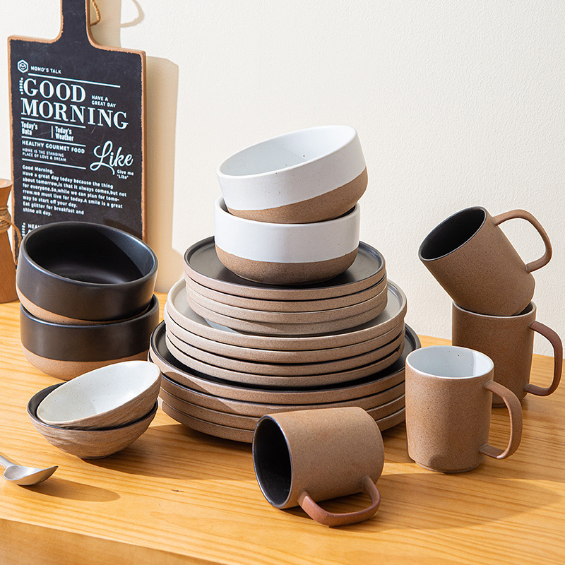 Foreign trade export glaze stoneware 16-piece ceramic tableware black and white creative dinner bowl plate Cup combination suit
