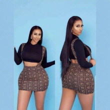 亚马逊性感露脐长袖上衣背带包臀裙圆领时尚个性潮流休闲裙套装