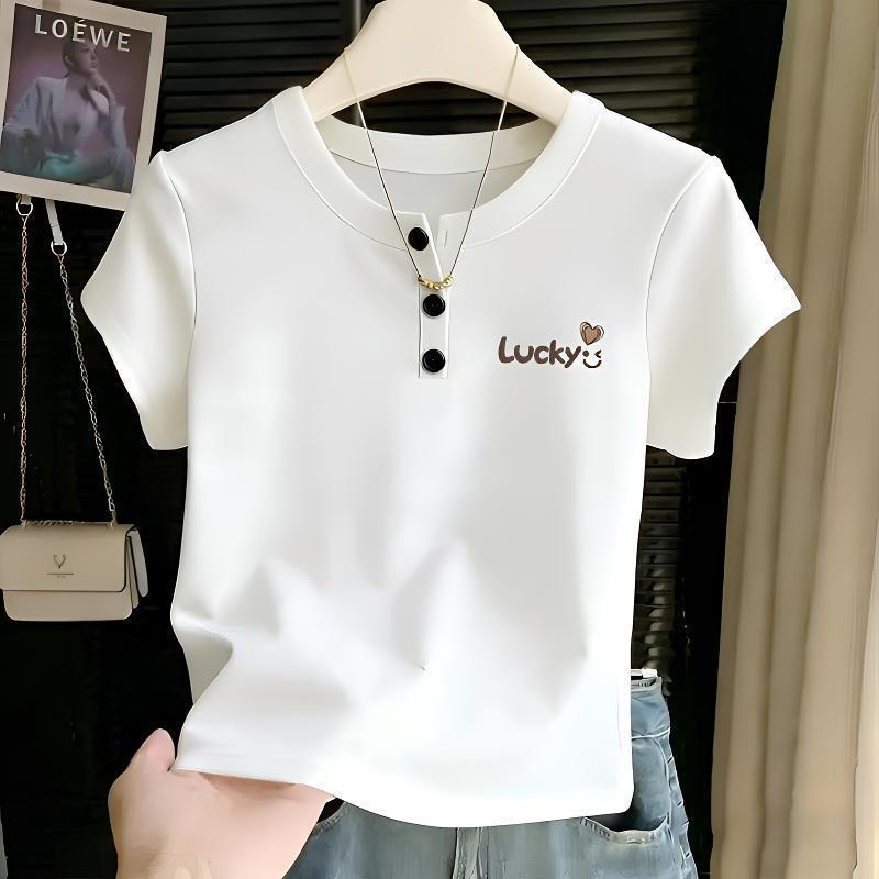 Letter print fashion versatile Korean style trendy short-sleeve women's stylish casual top, short button-up round neck T-shirt