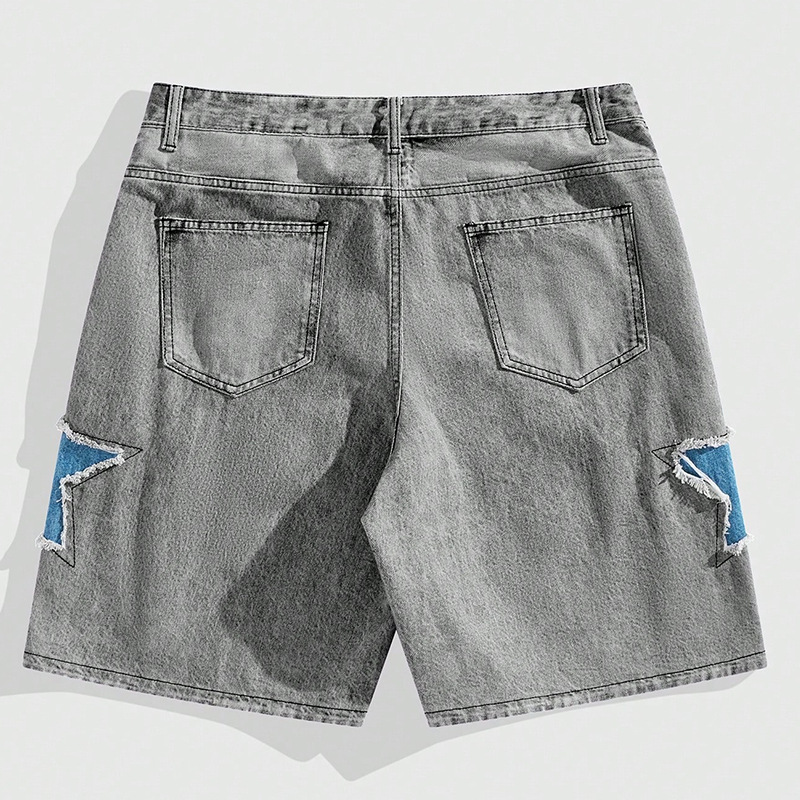 Men's Clothing Street Denim Shorts Patch Patch Stitching Five Pointed Star Print Jeans_voghion.com