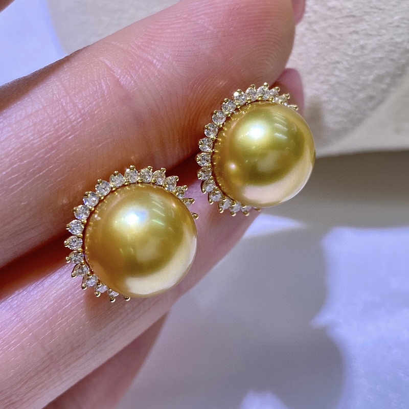 G18k gold sunflower earrings 10-11mm Nanyang sea water gold pearl strong tea gold round flawless gift box