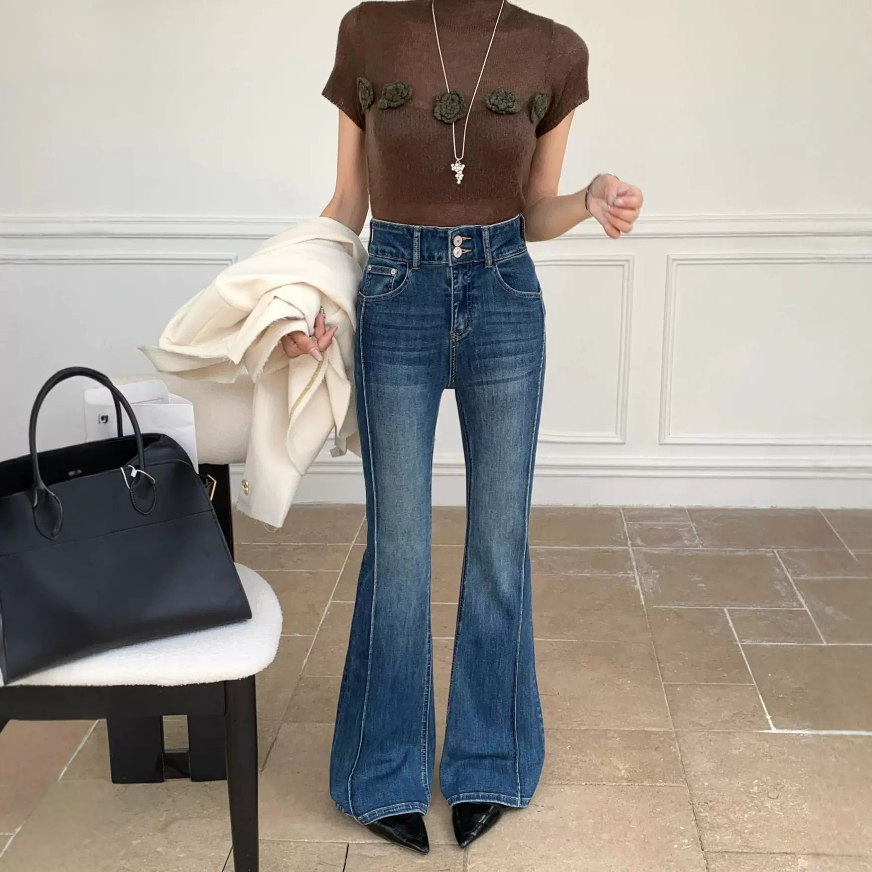 高腰微喇加绒牛仔裤女款高级感弹力修身显瘦黑色马蹄裤高个子加长