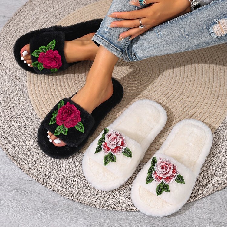 Autumn and winter large-size Chinese-style embroidered home indoor non-slip plush maternity slippers for women