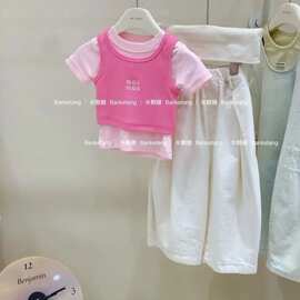 粉色两件套童装女夏季2026宝宝背心T恤女童新款洋气短袖字母韩版