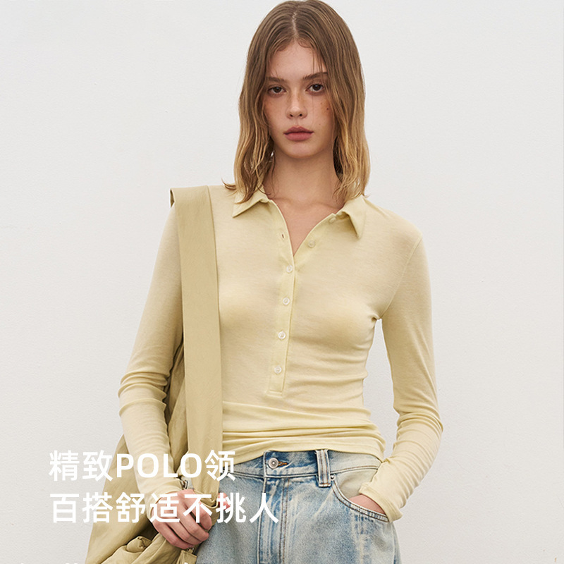 Wool Polo Henley Collar Base Shirt for Women, Suitable for Spring and Summer, Slim Fit, Soft and Comfortable, Can Be Worn Outside, Henley Collar Base Shirt