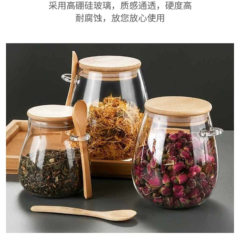 Скляная стеклянная герметичная банка для хранения дома на кухне прозрачная бутылка с Bamboo крышкой и ложкой, стеклянная банка для заварки чая