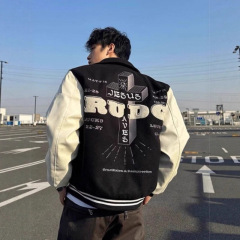 美式拼接撞色植绒刺绣棒球服外套男款春秋欧美hiphop高街痞帅夹克