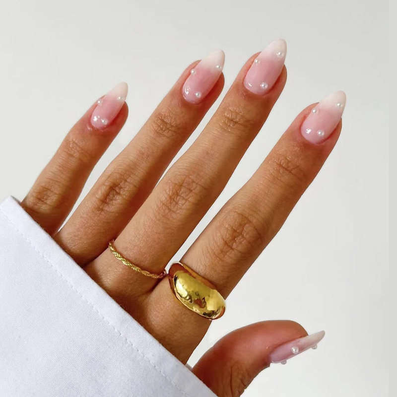 Pink almond nail gradient point diamond water drop nail Diamond-embedded wear nail European and American cross-border Pearl wear nail patch