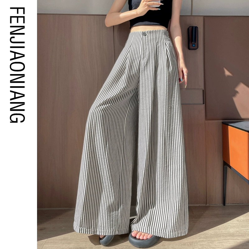 Широкие брюки-юбка из ледяного шелка в вертикальную полоску для женщин, брюки-костюм из хлопка и льна в ленивом стиле длиной до пола, летние широкие брюки-кюлоты с завышенной талией и контролем живота.