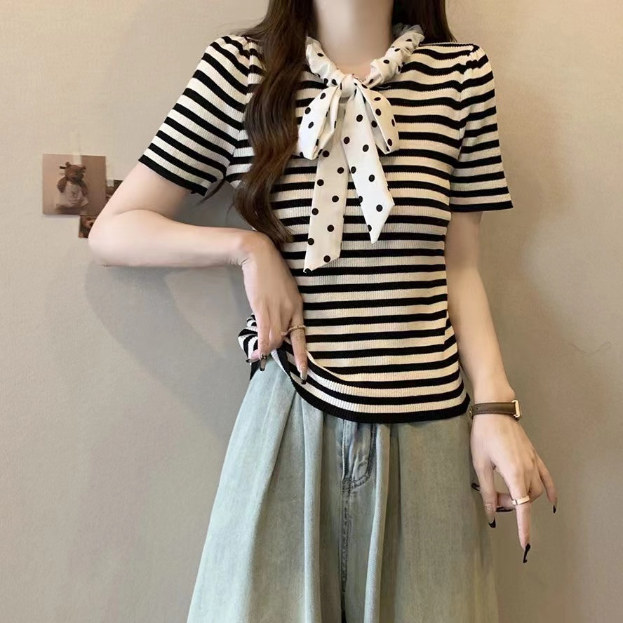 2024 neuer Sommer süßer Polka Dot-Pullover mit Kordelzug, kurzärmeliges Eisseide-Bauchbedeckung, kleines duftendes Streifenoberteil für_voghion.com