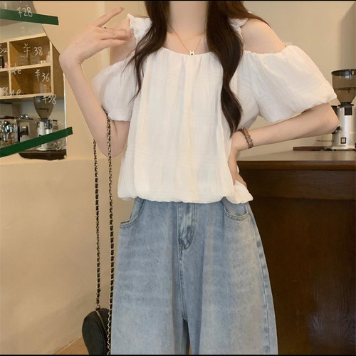 Women's Summer French Shoulder Strap Blouse with Design Sense, Unconventional Loose Fit, Slimming Short Sleeve Top with Bubbles