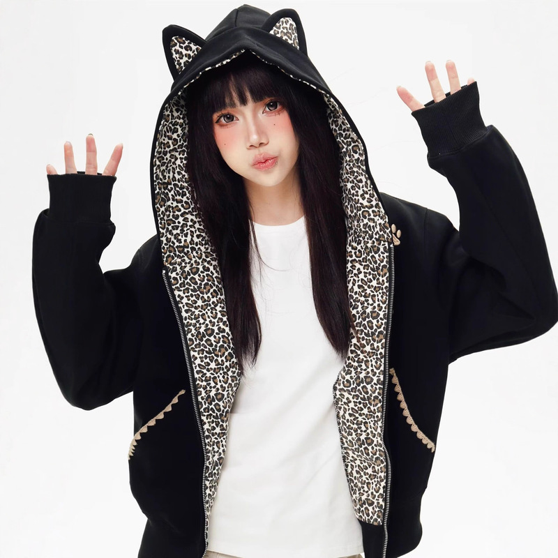 American Leopard Print Ear Hooded Sweatshirt Jacket for Women 2025 New Autumn and Winter Heat Storage and Temperature Locking Zipper Cardigan Top Trendy