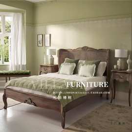 复古实木家具仿古雕花做旧双人床乡村藤艺床法式床欧洲主卧大床