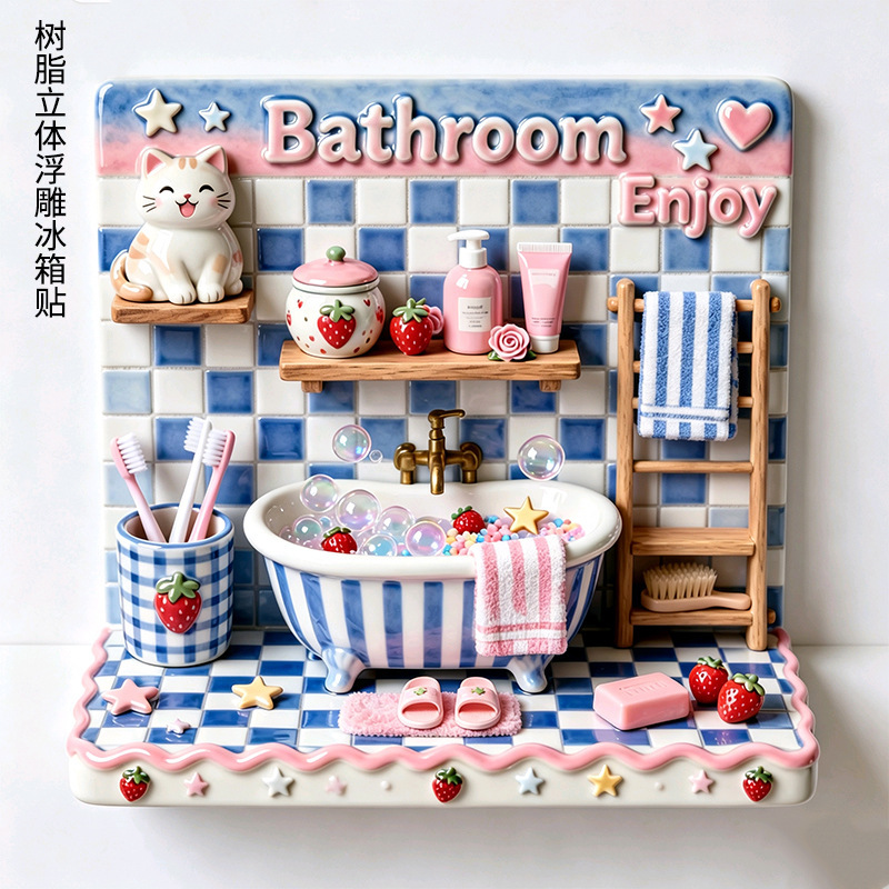 Original Strawberry Cat Bubble Bath Resin 3D Relief Refrigerator Magnet Personalized Creative Decoration High-End Magnetic Style