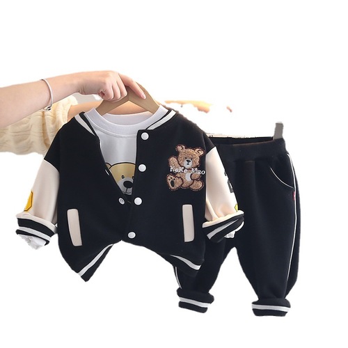 Children's outerwear new spring and autumn stylish cute cartoon bear three-piece set boys' baseball uniform hoodie children's clothing