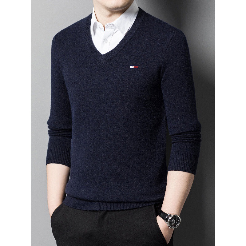 [Outlet Clearance] Winter Men's 100% Wool Sweater V-Neck Knitted Base Layer Casual Thick Style