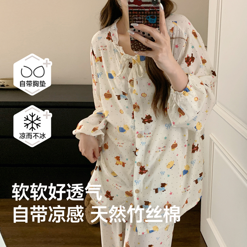 Summer thin postpartum clothing made of bamboo silk cotton with chest pads, pure cotton breathable gauze, plus-size maternity pajamas for breastfeeding mothers Summer thin postpartum clothing made of bamboo silk cotton with chest pads, pure cotton breathable gauze, plus-size maternity pajamas for breastfeeding mothers