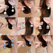 银针锆石花朵流苏珍珠耳环复古轻奢高级感耳钉耳坠气质百搭耳饰女