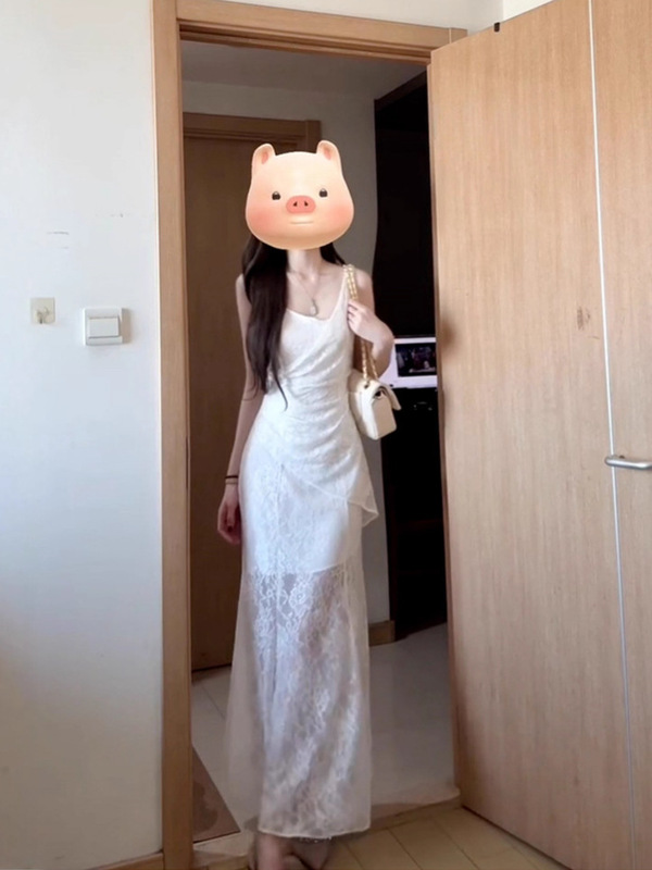 白色蕾丝吊带连衣裙子女夏季2025新款法式气质高级感修身包臀长裙|undefined