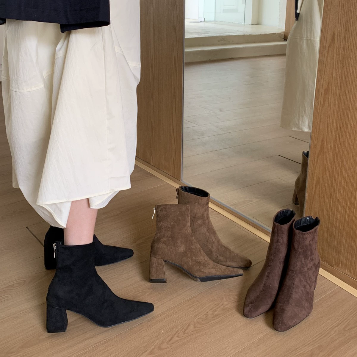 法式小方头绒面瘦瘦靴女2025秋冬高跟弹力单靴韩版短靴