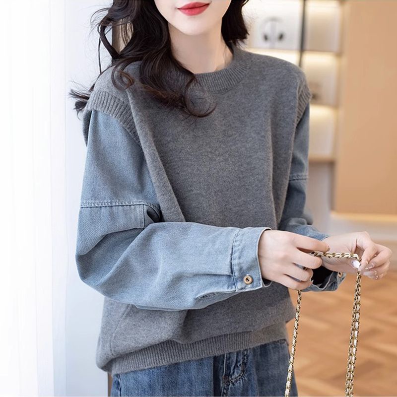 Denim Sleeve Patchwork Faux Two-Piece Sweater for Women, Autumn 2026 New Loose Knit Top, Thickened for Autumn and Winter