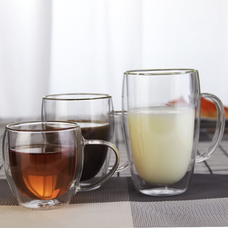 Celebridad de Internet de doble capa de vidrio con mango lindo café taza de jugo taza de agua transparente al por mayor de alta temperatura resistente oficina taza de té