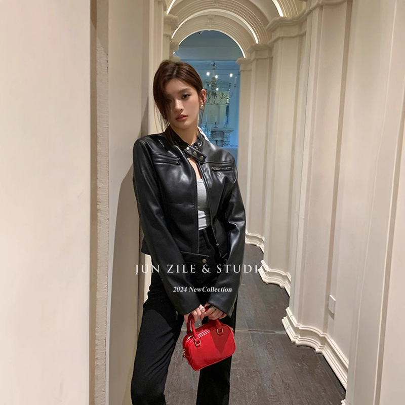 Zipper Jacket Coat American Retro Black Cool Girl's Vertical Collar Motorcycle Short Leather Women's High-end Sense Petite