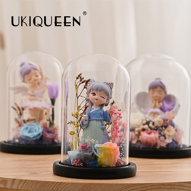 Naxi reina flor eterna cubierta de cristal gato hadas muñeca decoración serie Rosa flores al por mayor qixi regalo