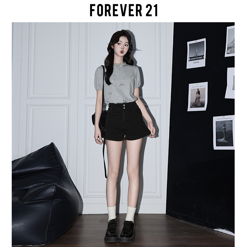 Forever21 アメリカンホットガールブラックハイウエストデニムショートパンツレディースサマーデザインAライン洋ナシ型ヒップカバーホットパンツ|undefined