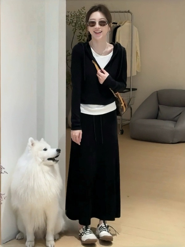 早秋减龄一整套穿搭女新款韩版假两件帽衫恤高腰半身裙套装|undefined