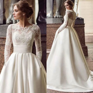 European and American foreign trade Amazon AliExpress wish new wedding dress crew neck lace long sleeve wedding dress slim