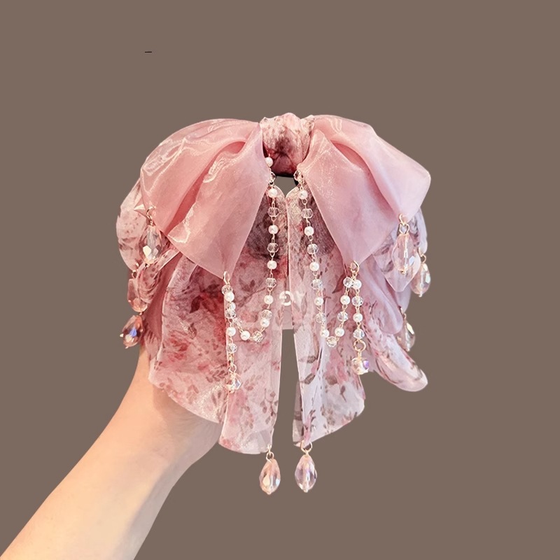 Fairy Pink Chiffon Pendant Floral Bow Ponytail Clip New High-End Super Elegant Exquisite Tassel Hairpin