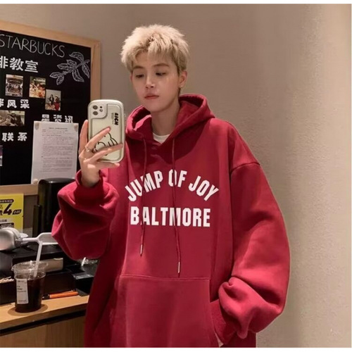 Men's Loose Fit V-Neck Hooded Sweatshirt with Ins Letter Print, Fashionable Streetwear Outerwear for Spring and Autumn, 2024 New Arrival