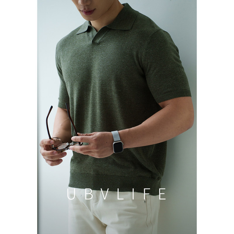 Old Money Style Linen Lyocell Half-Open T-Shirt Men's 2026 Summer Knitted Cool Short-Sleeve Ribbed Casual Polo Shirt