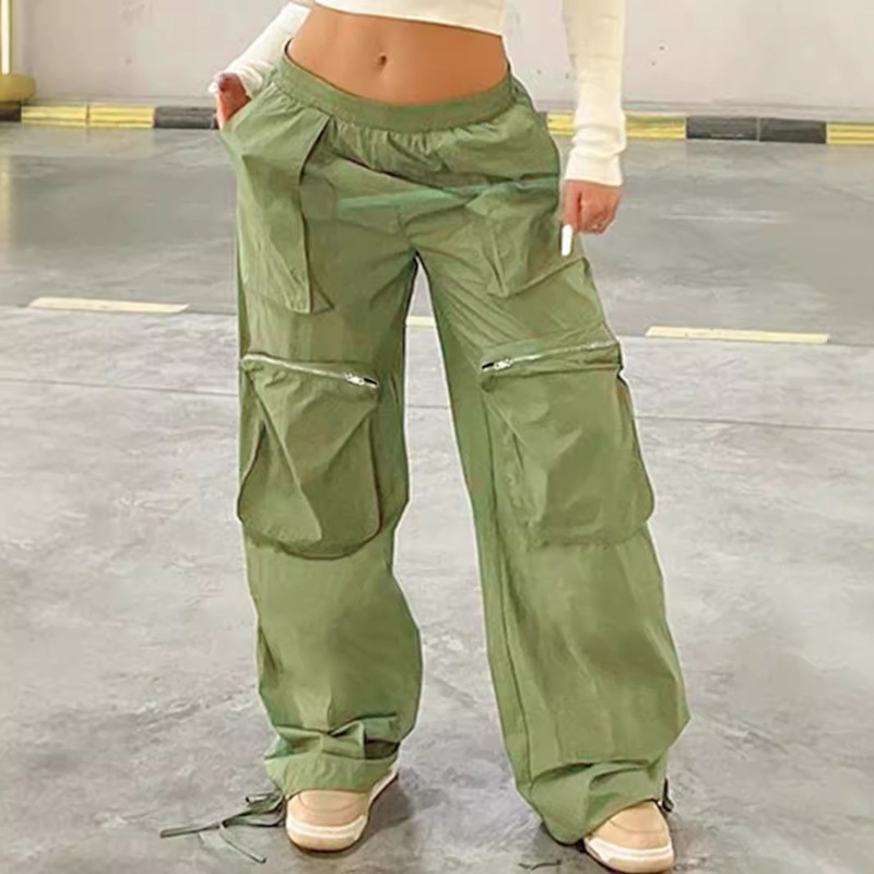 MH017 Zipper Pocket Woven Trousers Solid Color Goods Low Waist Casual Trousers Stright Base Strap Style