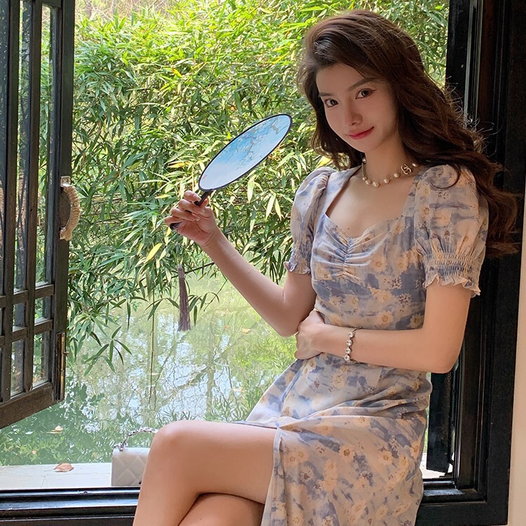 Floral oil painting cheongsam chiffon flared dress dress split clear cheongsam sexy new pure casual short sleeve