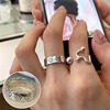 Line minimalistic fashionable brand ring, silver 925 sample, on index finger