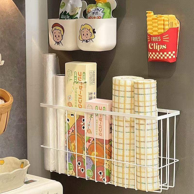 Refrigerador de cocina de absorción magnética estante de almacenamiento bolsa de película de preservación de toallas de papel artefacto sin agujeros de perforación condimento doméstico estante de almacenamiento de película de preservación de fresco