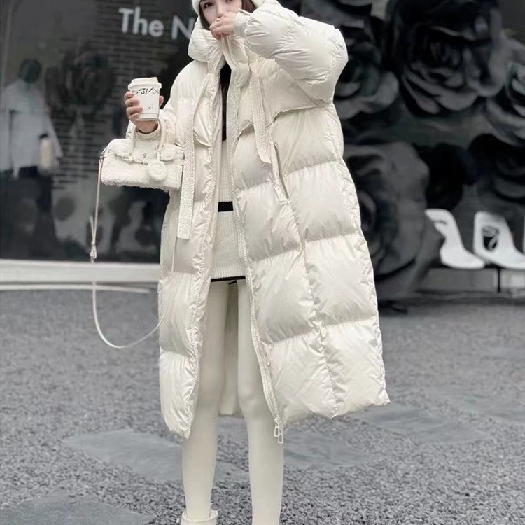 Пуховик, бархатный верх, утинный пух, длинный с капюшоном, off white или чёрный, размеры S–XL