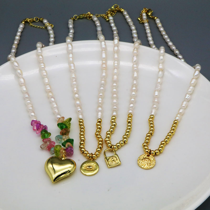 24g Weight Copper Pendant Material Pendant Necklace Classification Freshwater Pearl Chain Material 1 Piece Quantity Daily Occasion Freshwater Pearl, Copper Material Devil's Eye, Heart Shape, Lock Pattern Women's Gender Beaded Design Elegant, Religion Style Freshwater Pearl Copper Beaded Devil's Eye Heart Shape Lock Pendant Necklace 11