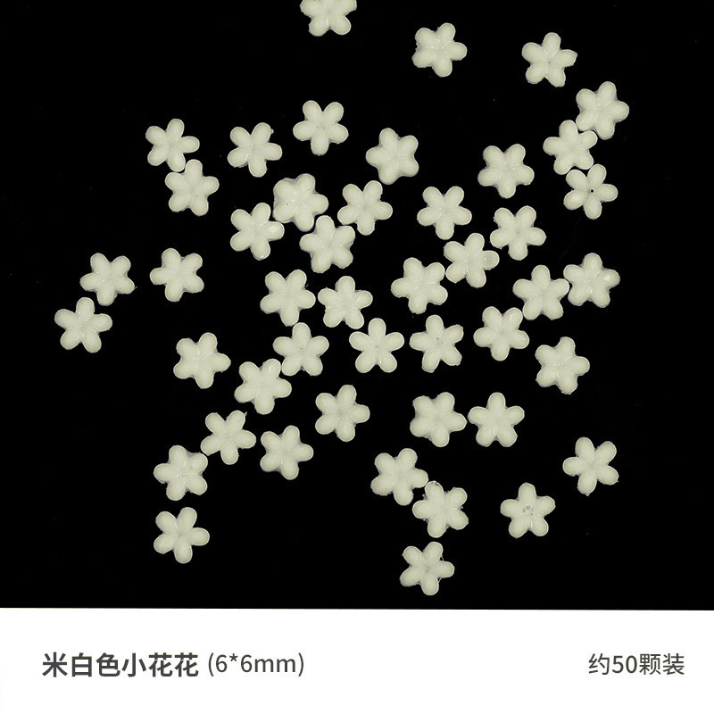 Decoraciones de uñas de moda, pequeñas flores blancas de diferentes tamaños, flores blancas tridimensionales de cinco pétalos, pequeñas cuentas de acero, diamantes de imitación de resina para uñas
