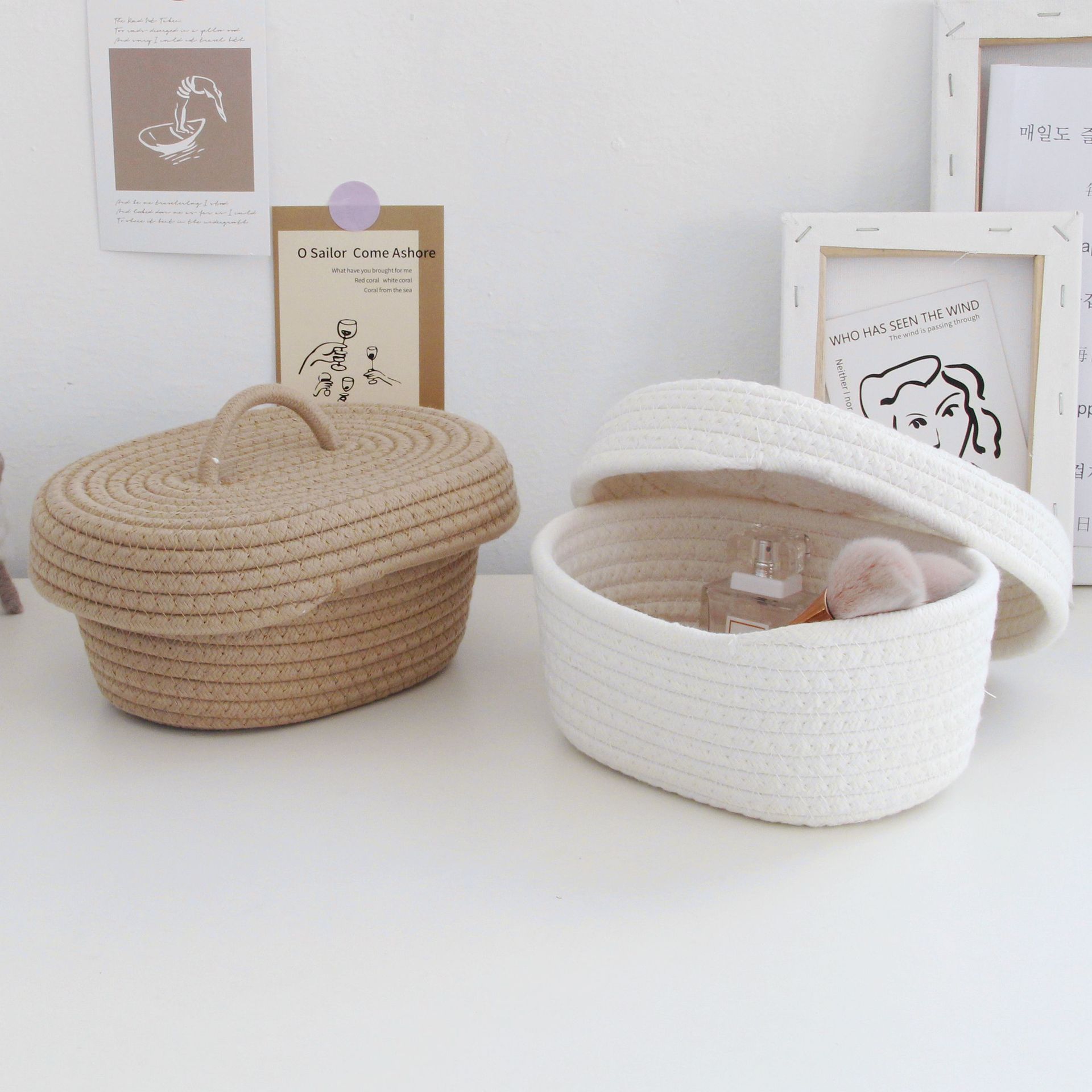 Caja de almacenamiento a prueba de polvo de escritorio simple hilo de algodón hecho a mano teléfono móvil cosméticos artículos diversos canasta de almacenamiento merienda aguja hilo de almacenamiento canasta