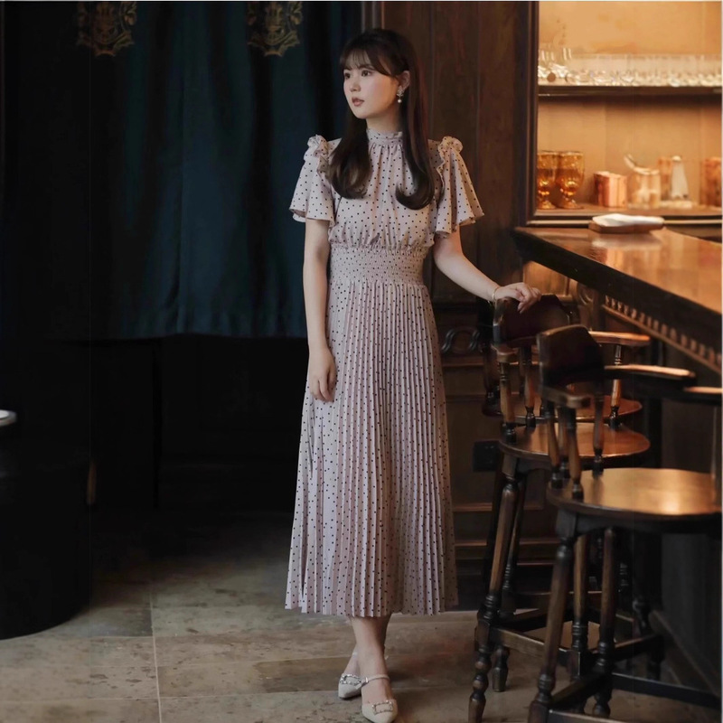 Wzfs2546 Summer Japanese Style Raspberry Polka Dot Print Short Sleeve Waist Slimming Pleated Dress Cross-Border