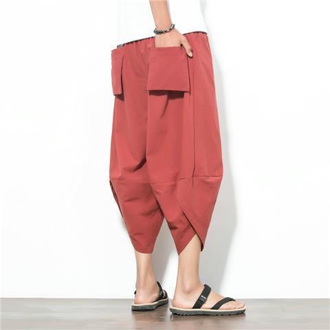 Pantalones de hombre de estilo chino, pantalones recortados de lino de verano, pantalones de zanahoria gordos de algodón y lino sueltos de gran tamaño, pantalones cortos de hip-hop, tendencia