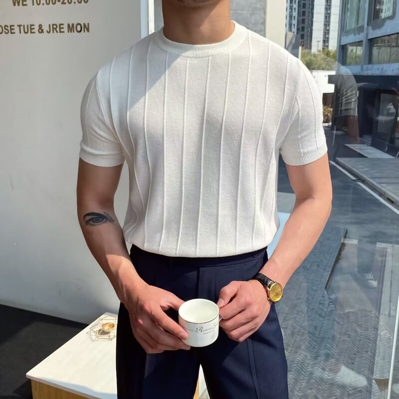2024 Summer Thin Stripesd Knitwear Short-Sleeved T-Shirt, Light and Breathable, Versatile Elastic Men's Slim Fit Top