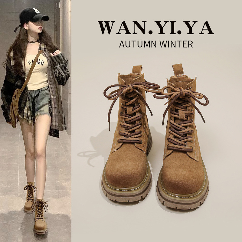 Martin Boots for Women 2026 New Autumn Retro Workwear Western Cowboy Boots Thick-Soled Height-Increasing Popular Motorcycle Short Boots