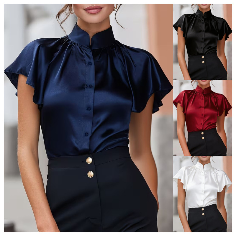 2026 Amazon Independent Site Summer New Style Elegant Simple Commuter Stand-Collar Flutter-Sleeve Versatile Top Shirt 2026 Amazon Independent Site Summer New Style Elegant Simple Commuter Stand-Collar Flutter-Sleeve Versatile Top Shirt