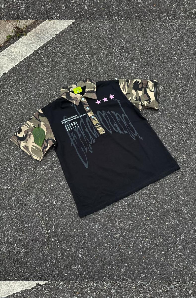 Men's Clothing Men's Hip Hop Camouflage Patchwork Collared Short Sleeve T-Shirt Trendy Streetwear Loose Fit Casual Five Quarter Sleeve For Couples_viptrois.com