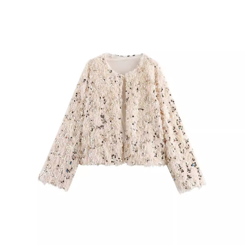 Short Feather Sequins Knitted Cardigan Women Elegant Round Neck Long Sleeve Coat Top Short Feather Sequins Knitted Cardigan Women Elegant Round Neck Long Sleeve Coat Top