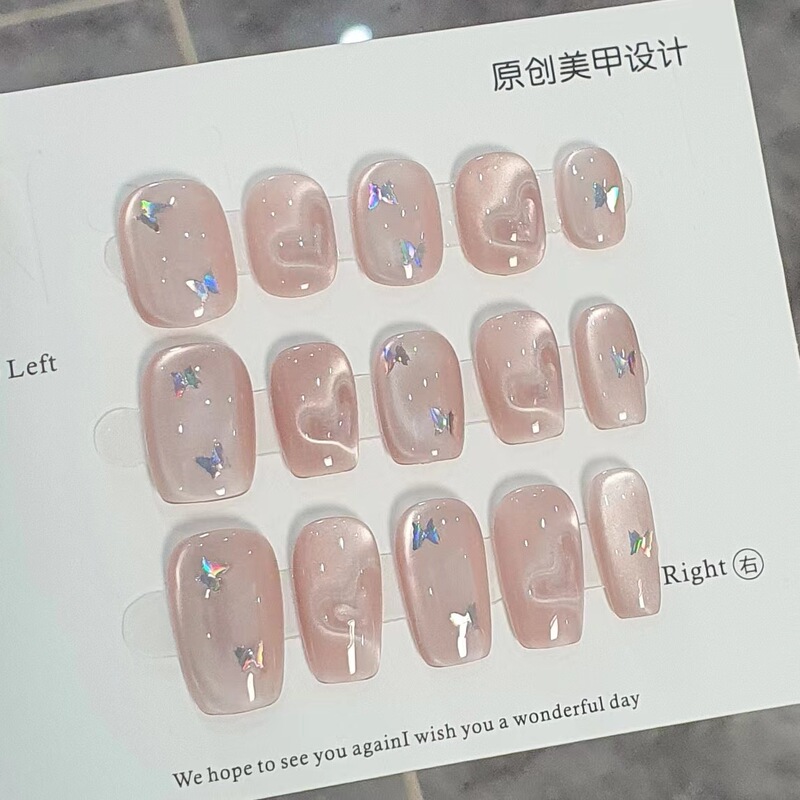 [heartache] pure hand-worn nail heart butterfly nude clear cat eye white nail paste factory batch